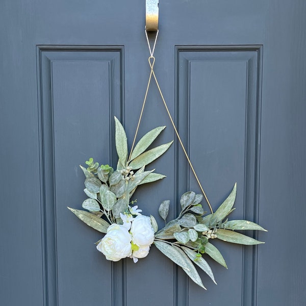 Modern Spring Teardrop Wreath | White Peony & Eucalyptus Easter Door Hanger | Minimalist Front Door Décor | Mother's Day Gift