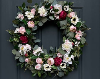 Spring Pink Peony Wreath | Cream Rose & Eucalyptus Door Hanger | Front Door Decor | Mother's Day Gift