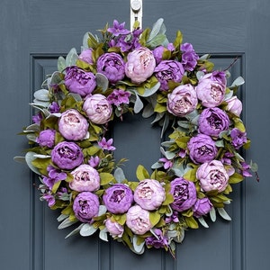 Purple Peony Wreath | Front Door Decor | Spring Peony & Lambs Ear Door Hanger | Mother's Day Gift