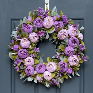 Purple Peony & Lamb&#39;s Ear Wreath: Spring Summer Door Decor