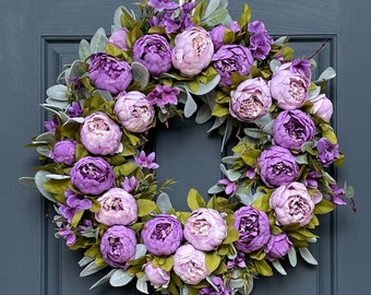 Purple Peony Wreath | Front Door Decor | Spring Peony & Lambs Ear Door Hanger | Mother's Day Gift