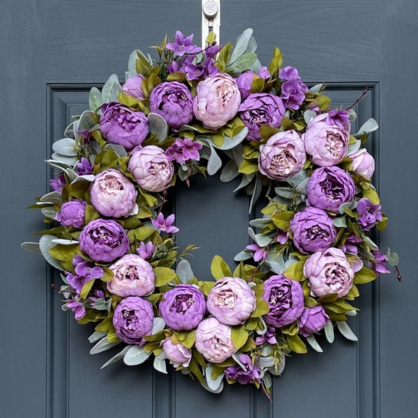 Purple Peony Wreath | Front Door Decor | Spring Peony & Lambs Ear Door Hanger | Mother's Day Gift