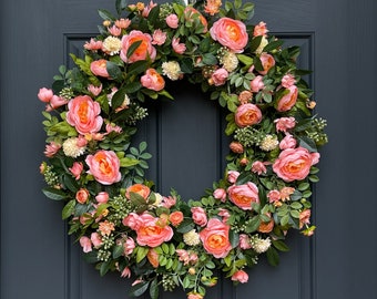 Peach & Light Yellow Spring Wreath | Ranunculus and Rose Front Door Hanger | Door Decor | Mother's Day Gift