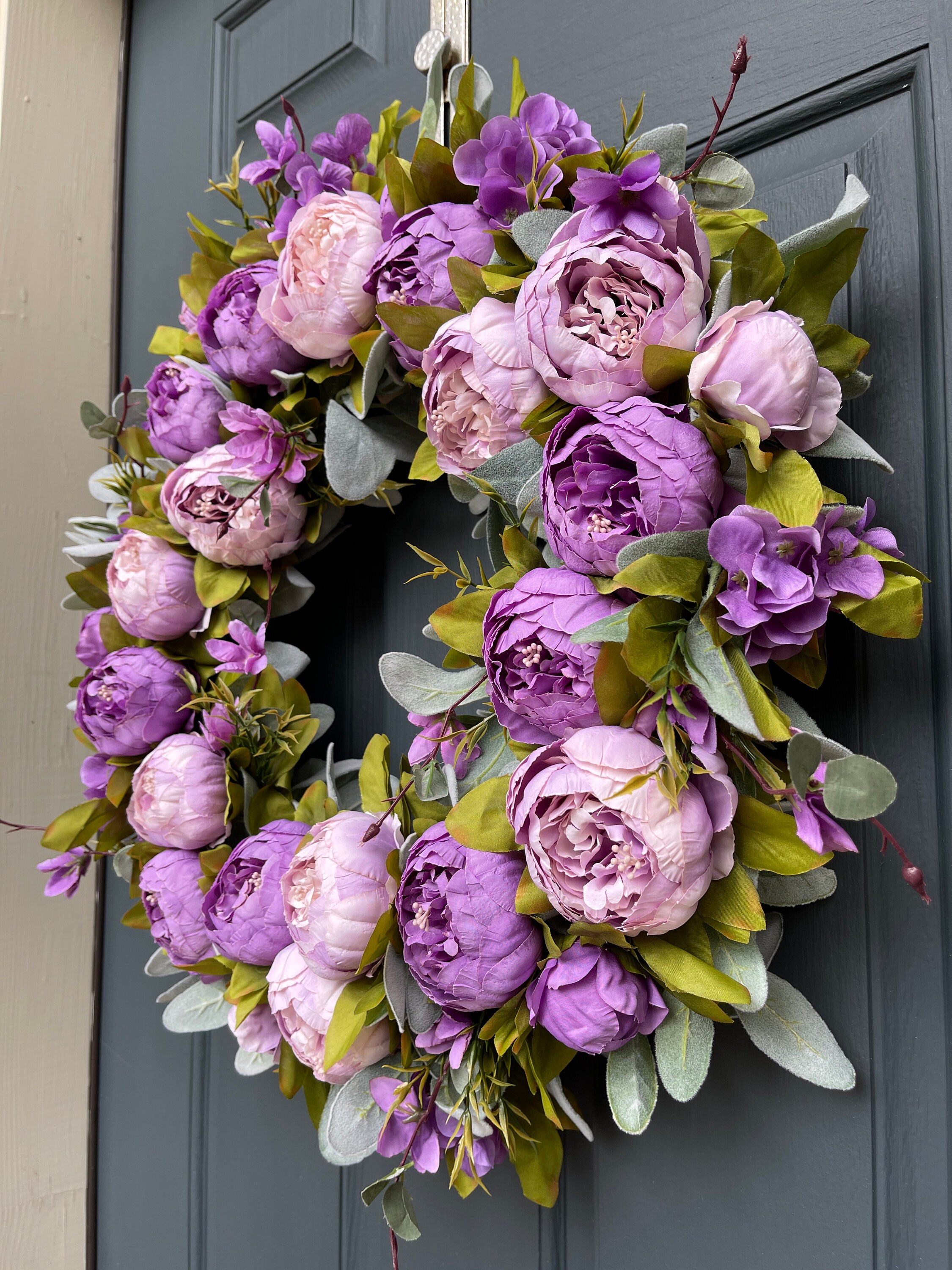 Purple Peony Lambs Ear Wreath for Front Door | Spring Summer Floral ...