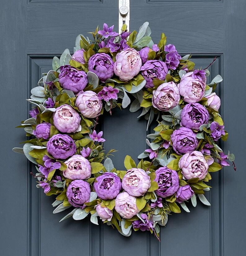 Purple Peony Lambs Ear Wreath for Front Door | Spring Summer Floral ...