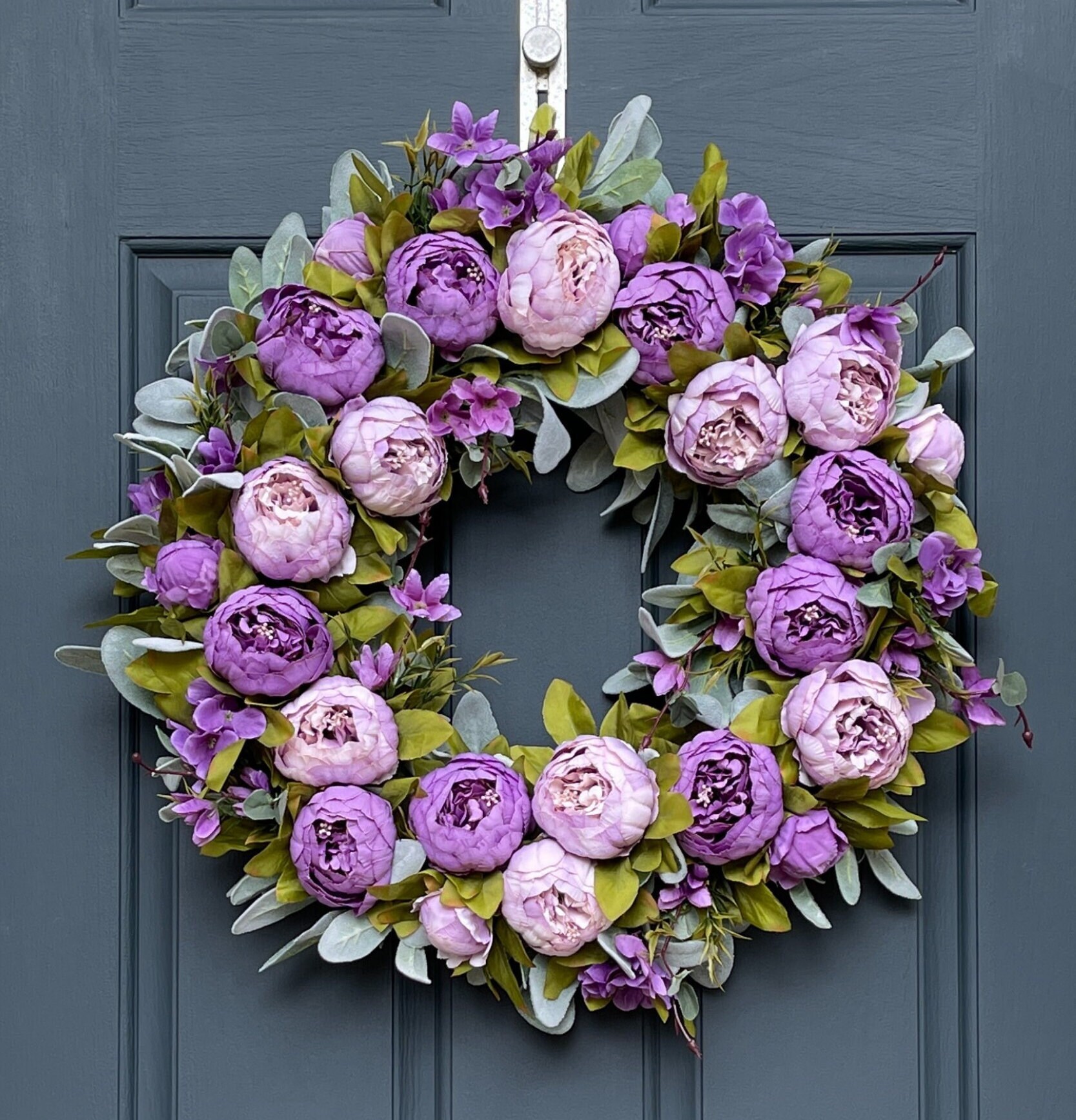 Purple Peony Lambs Ear Wreath for Front Door | Spring Summer Floral ...