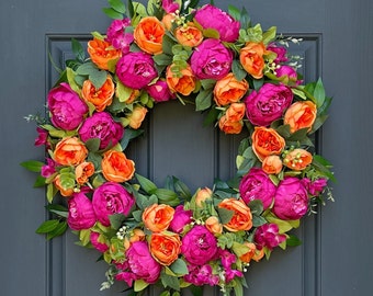 Pink & Orange Peony Spring Wreath | Front Door Easter Decor | Modern Mother's Day Wreath | Bright Floral Wreath