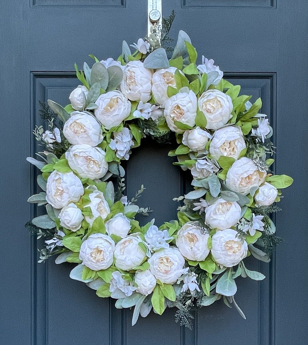 Fall Peony and Lambs Ear Wreath White and Green Door Hanger Front Door ...