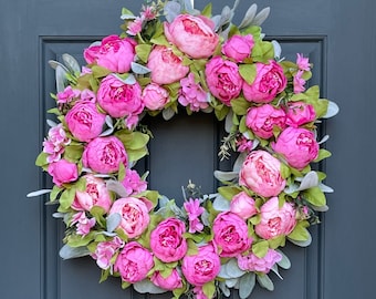 Spring and Summer Peony Wreath | Front Door Decor | Pink Peony and Lambs Ear Door Hanger | Mother's Day Gift