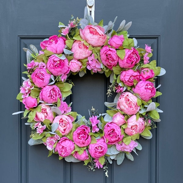 Spring and Summer Peony Wreath | Front Door Decor | Pink Peony and Lambs Ear Door Hanger | Mother's Day Gift