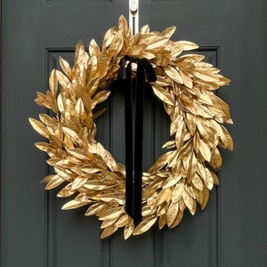 Gold Bay Leaf Christmas Wreath with Black Velvet Bow | Front Door Glam Wreath | Modern Holiday Decor