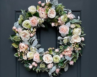 Spring Peony Wreath | Light Pink and Cream Peony, Rose, and Lilac Door Hanger | Front Door Decor | Mother's Day Gift
