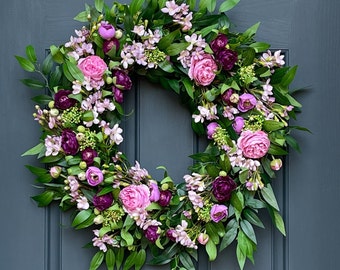 Purple & Pink Ranunculus Spring Wreath | Cherry Blossom Door Hanger | Front Door Easter Decor | Mother's Day Gift