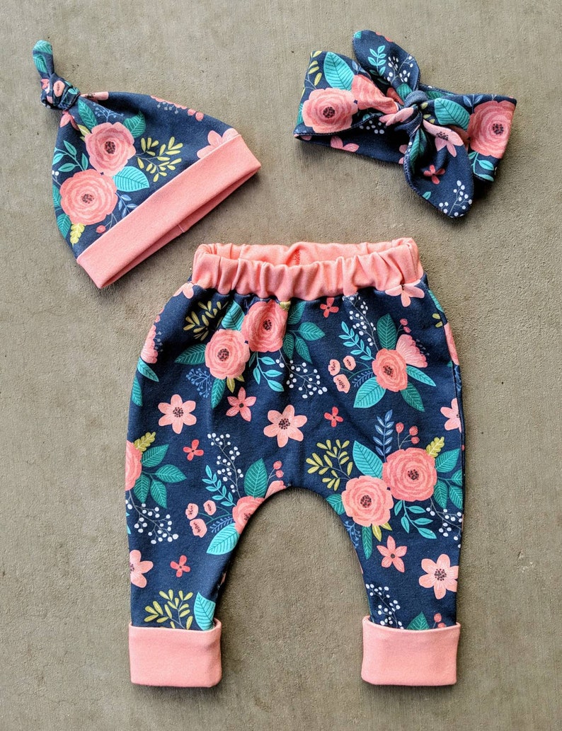 headband adjustable Teal and Coral girlie floral newborn Navy and Coral baby girl Organic cotton knit knotted headband baby shower