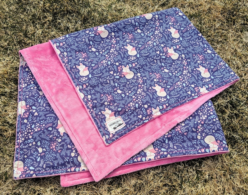 Navy Woodland Nursery Fox and Flower Blanket- Cotton Baby Blanket OR Minky Baby Blanket Pink Girlie Woodland Fox Hot Pink