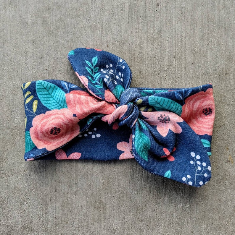 headband adjustable Teal and Coral girlie floral newborn Navy and Coral baby girl Organic cotton knit knotted headband baby shower