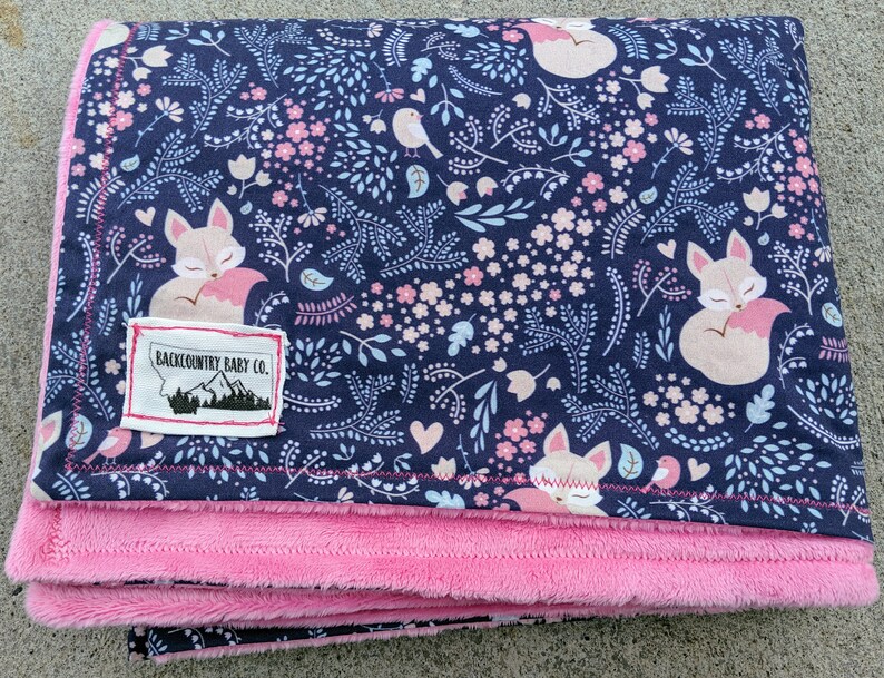 Navy Woodland Nursery Fox and Flower Blanket- Cotton Baby Blanket OR Minky Baby Blanket Pink Girlie Woodland Fox Hot Pink
