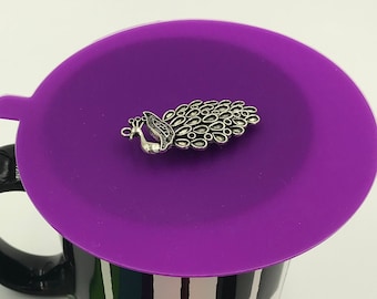 Striking Peacock Mug Cover! 1 each. Silicone mug lid, cups cover, topper,  cozy, outdoor bug guard,  tea/coffee connoisseur, wine lover gift