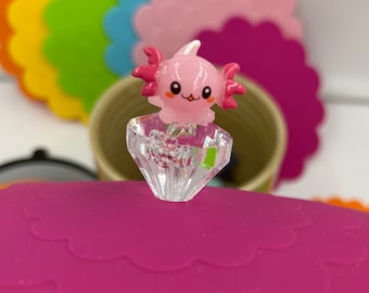 Smiling axolotl mug covers! 1 each. Silicone mug lid, cup cover/topper/cozy, outdoor bug guard, tea/coffee/wine lover gift, tub top