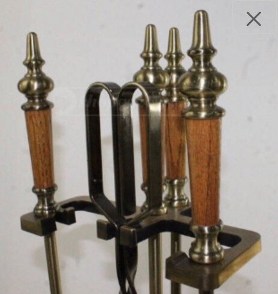 In Storage Oak Wood Brass Fireplace Tools Poker Shovel Brush Etsy