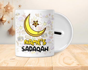 Pot Sadaqah personnalisé - Boîte économique - Cadeaux islamiques, Eid, Ramadan, Musulman, enfants, adolescents ou adultes - Croissant de lune et étoile en dessin animé
