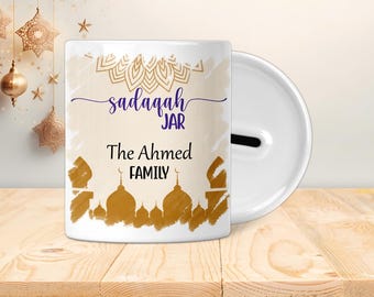 Pot familial personnalisé Sadaqah - Coffret économique - Cadeaux islamiques, Eid, Ramadan, Musulman, enfants, adolescents ou adultes - Mosquée en or, mandala