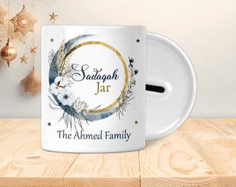 Pot Sadaqah personnalisé - Boîte économique - Cadeaux islamiques, Eid, Ramadan, Musulman, Enfants, adolescents, adultes, Dames, Couronne de fleurs, Bleu et or
