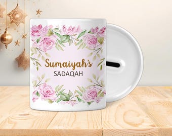 Pot Sadaqah personnalisé - Boîte économique - Cadeaux islamiques, Eid, Ramadan, Musulman, Enfants, adolescents, adultes, enfants, femmes, roses florales, or rose