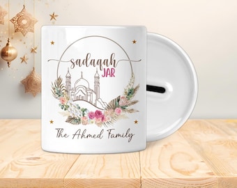 Pot familial personnalisé Sadaqah - Boîte économique - Cadeaux islamiques, Eid, Ramadan, Musulman, enfants, adolescents ou adultes - Couronne de fleurs avec mosquée,