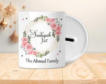 Pot Sadaqah personnalisé - Coffret économique - Cadeaux islamiques, Eid, Ramadan, Musulman, Enfants, adolescents, adultes, enfants - Couronne florale de roses pour femmes