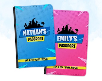 Étui pour passeport personnalisé - Design gamer - Répétition Eat Sleep Travel - Garçons filles - Enfants enfants - Cadeau accessoire de voyage pour les Fêtes