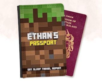 Étui pour passeport personnalisé - Design gamer - Pixel Art - Garçons filles - Enfants - Cadeau pour gamers - Accessoire de voyage pour les Fêtes