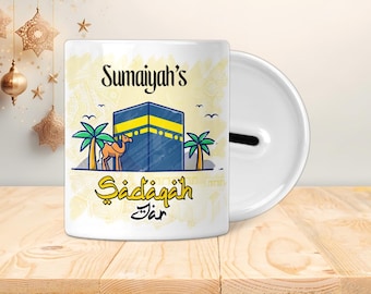 Pot Sadaqah personnalisé - Boîte économique - Cadeaux islamiques, Eid, Ramadan, Musulman, Kaaba en dessin animé pour enfants, adolescents ou adultes, Chameau, Dattes