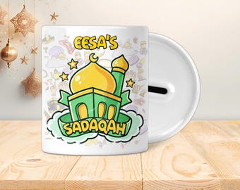 Pot Sadaqah personnalisé - Boîte économique - Cadeaux islamiques, Eid, Ramadan, Musulman, Mosquée verte de style dessin animé pour enfants, adolescents ou adultes