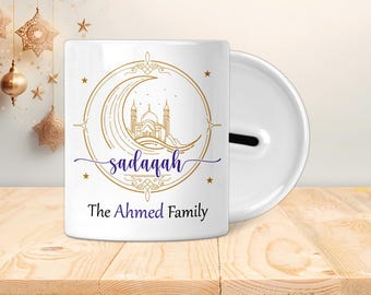Pot Sadaqah personnalisé - Coffret économique - Cadeaux islamiques, Eid, Ramadan, Musulman, Enfants, adolescents ou adultes - Mosquée, cadre doré