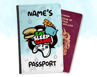 Étui pour passeport personnalisé - Jeu Eat Sleep - Cadeau pour joueur - Style portefeuille avec fentes pour cartes - Voyages - Enfant - Jeux vidéo