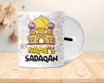 Pot Sadaqah personnalisé - Boîte économique - Cadeaux islamiques, Eid, Ramadan, Musulman, Enfants, adolescents ou adultes - Mosquée de style dessin animé pour enfants