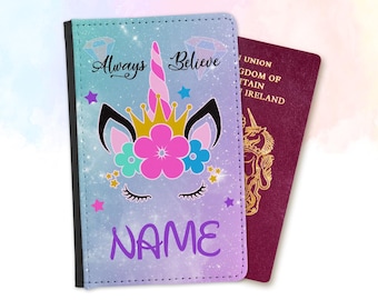 LICORNE personnalisée - Always Believe - Porte-passeport, housse de protection, portefeuille pour enfants, vacances, voyage, mignon, girly, cadeau