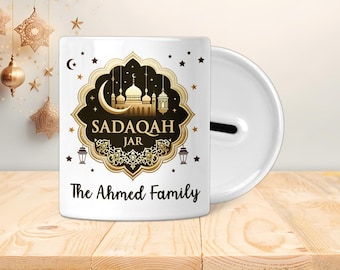 Pot familial personnalisé Sadaqah - Coffret économique - Cadeaux islamiques, Eid, Ramadan, Musulman, Enfants, Ados, Adultes, Mosquée, Croissant, Etoiles