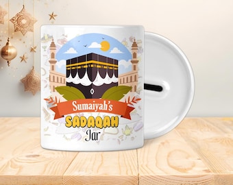 Pot Sadaqah personnalisé - Boîte économique - Cadeaux islamiques, Eid, Ramadan, Musulman, Kaaba en dessin animé pour enfants, adolescents ou adultes, La Mecque