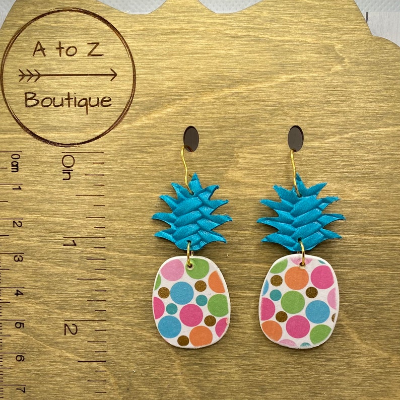 Pineapple Earrings Genuine Leather and Wood White with Polka Dots and Teal leather Boho Earrings Statement Jewelry