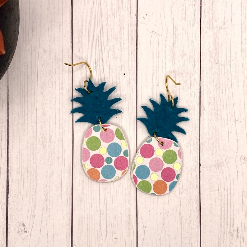 Pineapple Earrings Genuine Leather and Wood White with Polka Dots and Teal leather Boho Earrings Statement Jewelry