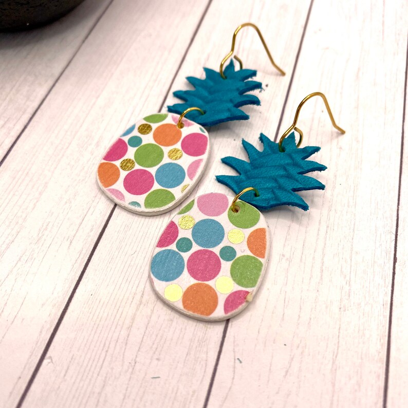 Pineapple Earrings Genuine Leather and Wood White with Polka Dots and Teal leather Boho Earrings Statement Jewelry