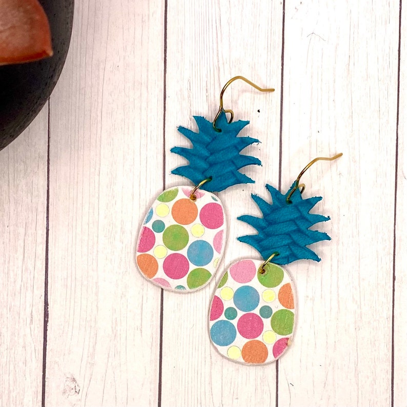 Pineapple Earrings Genuine Leather and Wood White with Polka Dots and Teal leather Boho Earrings Statement Jewelry