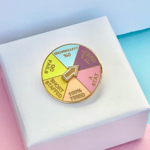May include: A gold-coloured pin with a circular design. The pin is divided into five sections, each with a different colour and text. The text on the pin reads: "It's Quiet", "QC Fails", "Short Staffed", "100% Tired", and "A Stat". An arrow points to the "100% Tired" section.
