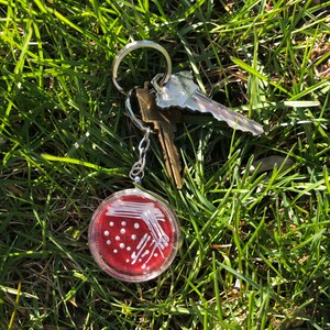 Op de afbeelding: Een rode en witte petrischaal sleutelhanger met een zilveren ketting en sleutelring. De sleutelhanger ligt op een bed van groen gras.