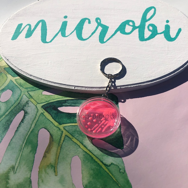 Puede incluir: Llavero de slime rosa y blanco con una carcasa de pl&aacute;stico transparente. El llavero est&aacute; unido a un llavero plateado. El llavero cuelga de un cartel ovalado blanco con la palabra "microbi" escrita en turquesa.