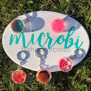 Puede incluir: Cinco llaveros con c&iacute;rculos de pl&aacute;stico transparente que contienen diferentes dise&ntilde;os de colores y patrones. Los llaveros est&aacute;n dispuestos en un cartel ovalado blanco con la palabra "microbi" escrita en letras turquesa.
