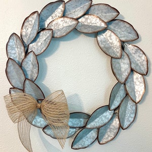 Galvanized metal Wreath for Front Door or Wall, Metal Leaf with Lambs Ear, Unique Front Door Decor, New Home Gift, Farmhouse