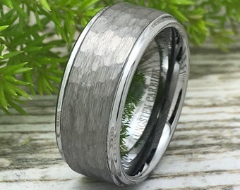 9mm Men's Tungsten Wedding Band, Personalized Hammered Tungsten Ring,Comfort Fit Ring, Tungsten Carbide Wedding Ring, Brushed Finish Ring